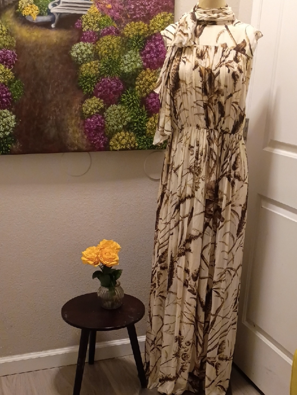 Cream Maxi Dress with Brown Botanical Print